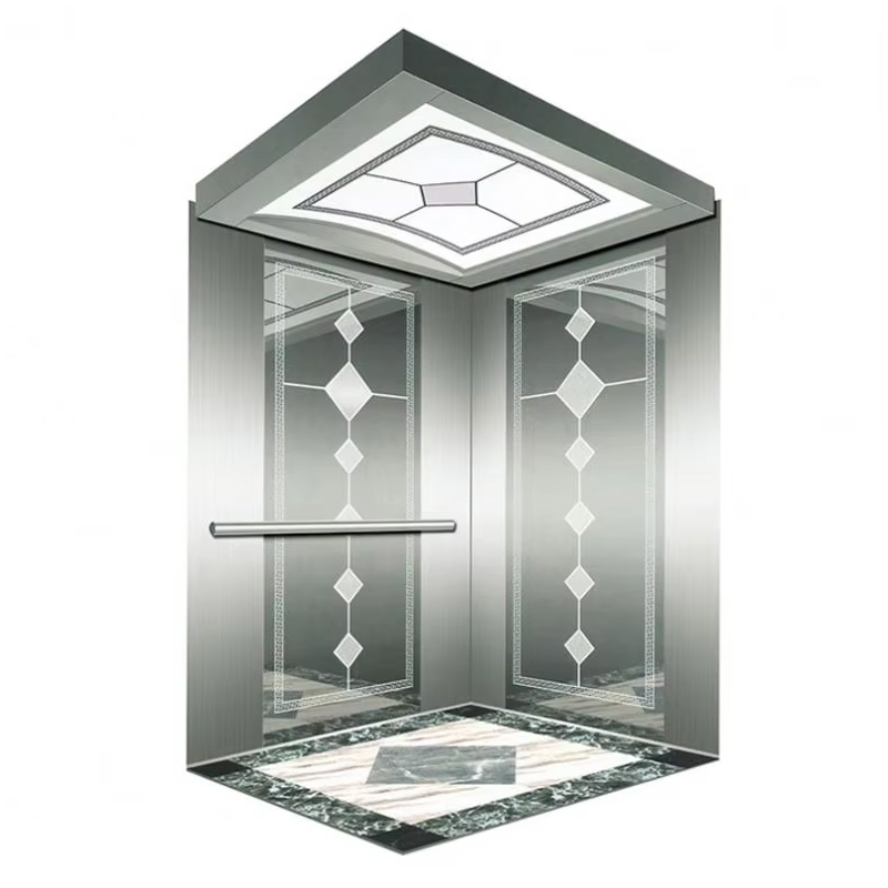 Cabina per ascensore per passeggeri VTSP134 con soffitto a LED a risparmio energetico, struttura in acciaio inossidabile, certificazione ISO9001, 1 anno di garanzia