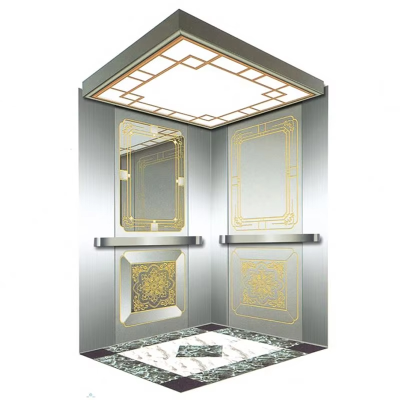 Cabina per ascensore per passeggeri VTSP134 con soffitto a LED a risparmio energetico, struttura in acciaio inossidabile, certificazione ISO9001, 1 anno di garanzia